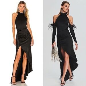 RETROFETE Satin Sleeveless Halter Mockneck Asymmetric Ruched Side Slit Gown S